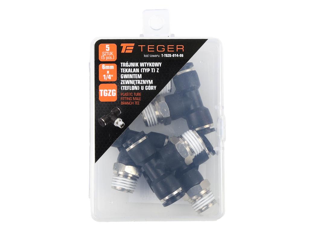 Trójnik wtykowy tekalan (typ T) z gwintem zewnętrznym (teflon) u góry 6mm x 1/4" TEGER, (sprzedawane po 5)