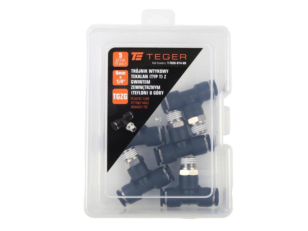 Trójnik wtykowy tekalan (typ T) z gwintem zewnętrznym (teflon) u góry 8mm x 1/4" TEGER, (sprzedawane po 5)