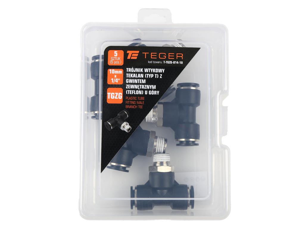 Trójnik wtykowy tekalan (typ T) z gwintem zewnętrznym (teflon) u góry 10mm x 1/4" TEGER, (sprzedawane po 5)