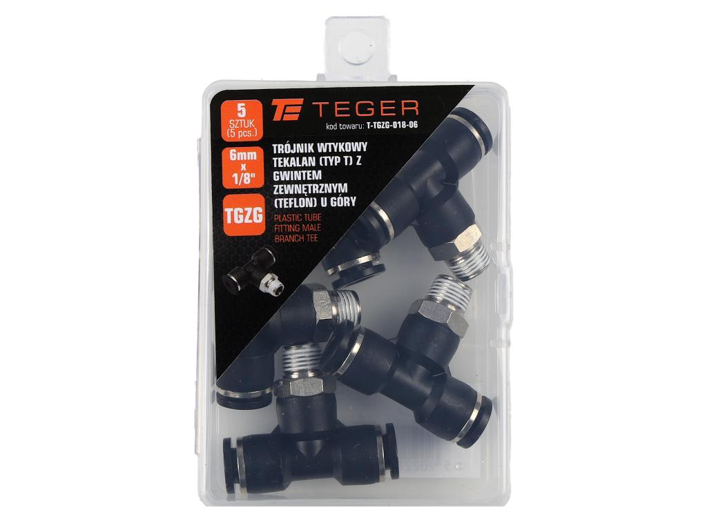 Trójnik wtykowy tekalan (typ T) z gwintem zewnętrznym (teflon) u góry 6mm x 1/8" TEGER, (sprzedawane po 5)
