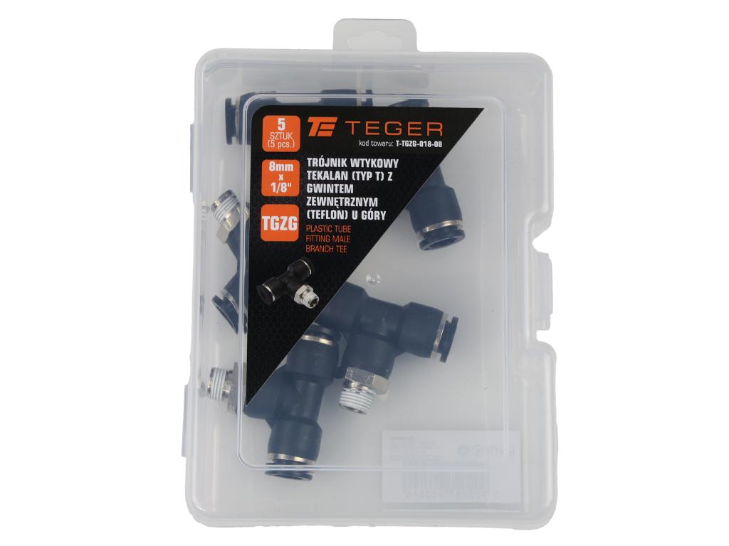 Trójnik wtykowy tekalan (typ T) z gwintem zewnętrznym (teflon) u góry 8mm x 1/8" TEGER, (sprzedawane po 5)