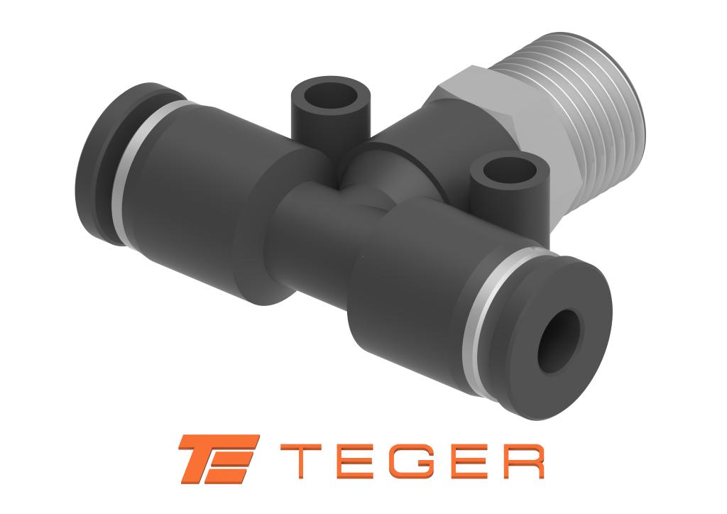 Trójnik wtykowy tekalan (typ T) z gwintem zewnętrznym (teflon) u góry 10mm x 1/8" TEGER, (sprzedawane po 5)