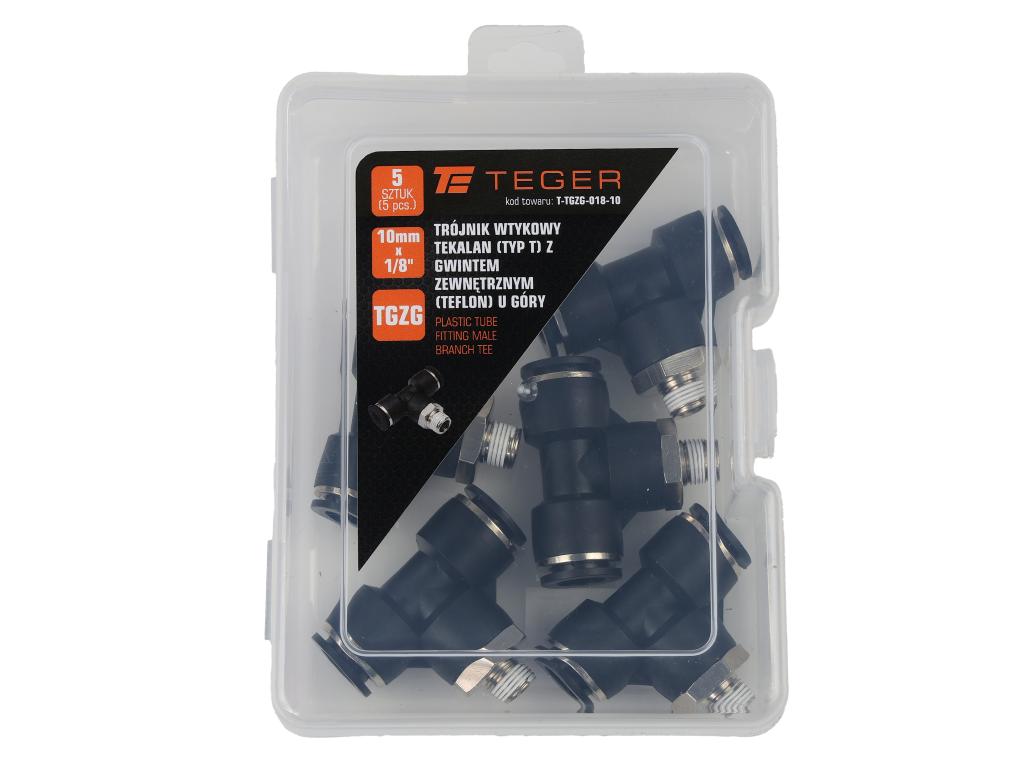 Trójnik wtykowy tekalan (typ T) z gwintem zewnętrznym (teflon) u góry 10mm x 1/8" TEGER, (sprzedawane po 5)