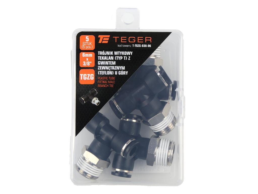 Trójnik wtykowy tekalan (typ T) z gwintem zewnętrznym (teflon) u góry 6mm x 3/8" TEGER, (sprzedawane po 5)