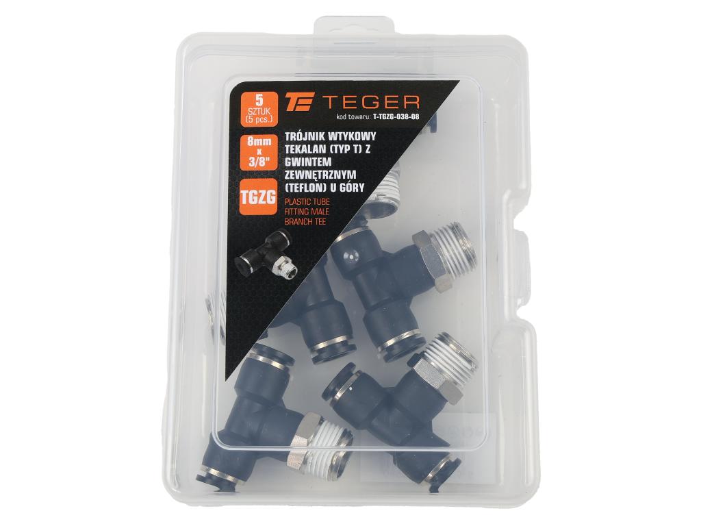 Trójnik wtykowy tekalan (typ T) z gwintem zewnętrznym (teflon) u góry 8mm x 3/8" TEGER, (sprzedawane po 5)