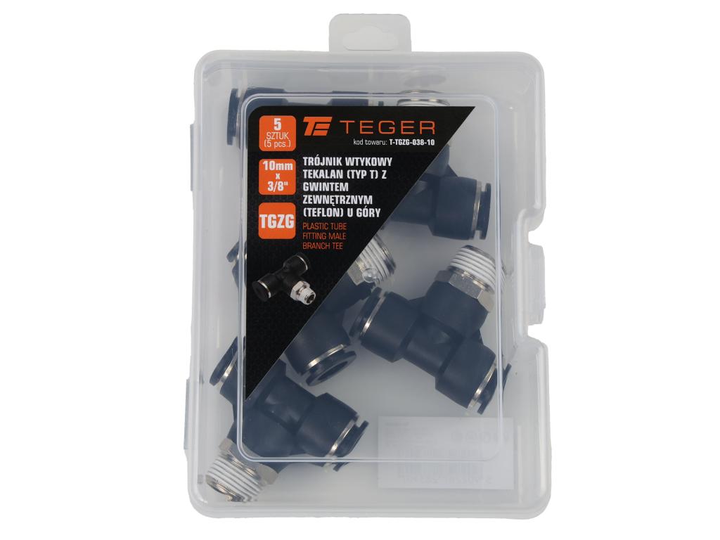 Trójnik wtykowy tekalan (typ T) z gwintem zewnętrznym (teflon) u góry 10mm x 3/8" TEGER, (sprzedawane po 5)