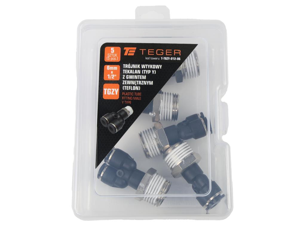 Trójnik wtykowy tekalan (typ Y) z gwintem zewnętrznym (teflon) 6mm x 1/2" TEGER, (sprzedawane po 5)