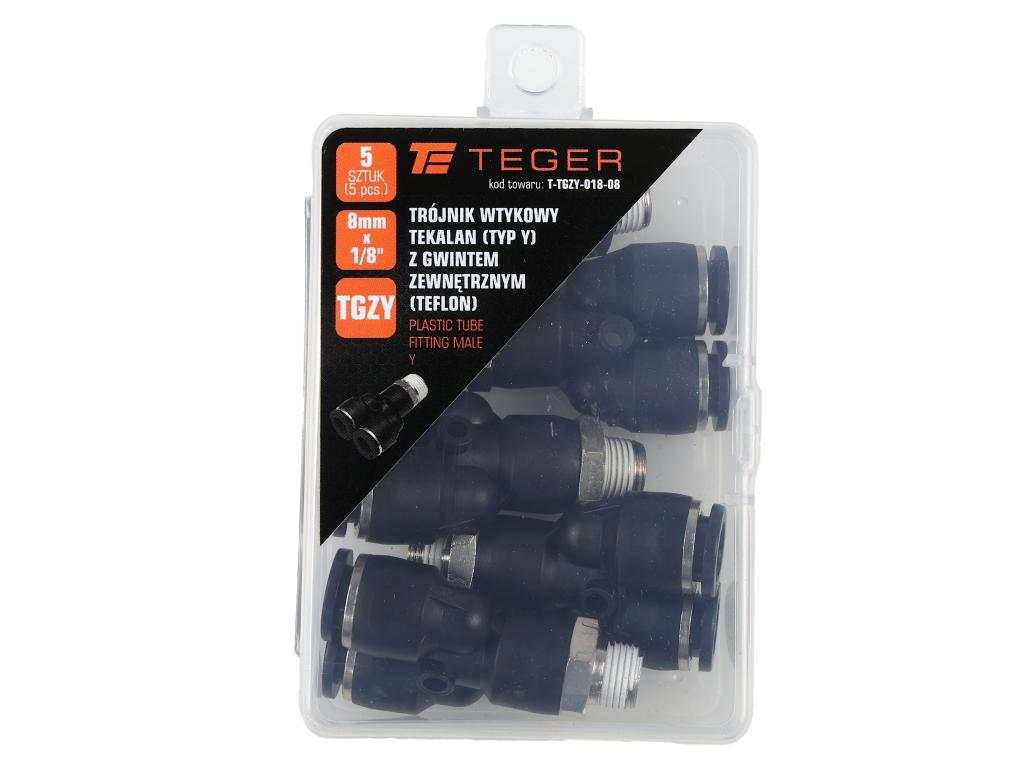 Trójnik wtykowy tekalan (typ Y) z gwintem zewnętrznym (teflon) 8mm x 1/8" TEGER, (sprzedawane po 5)