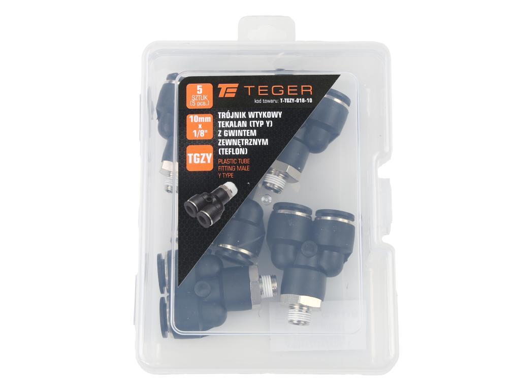 Trójnik wtykowy tekalan (typ Y) z gwintem zewnętrznym (teflon) 10mm x 1/8" TEGER, (sprzedawane po 5)