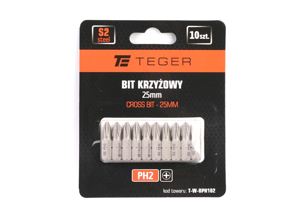 Bit krzyżowy PH 2x25 mm, (10 szt), S2, Teger