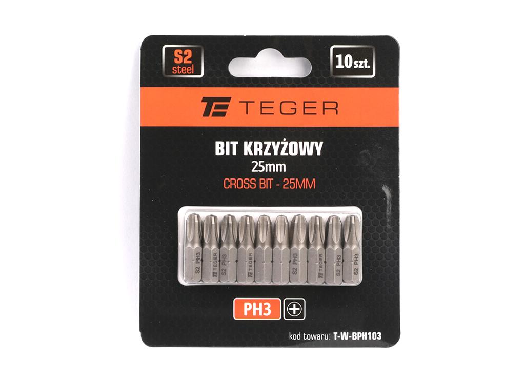 Bit krzyżowy PH 3x25 mm, (10 szt), S2, Teger