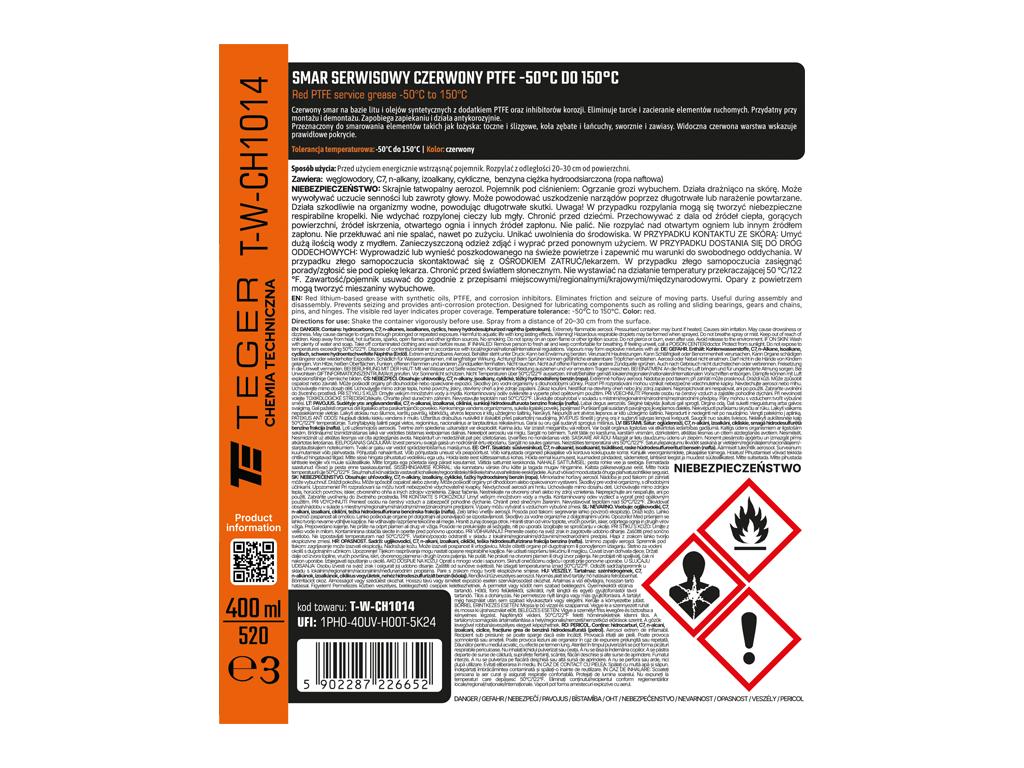 Smar serwisowy czerwony PTFE - 50°C do 150 °C  400 ml / TEGER
