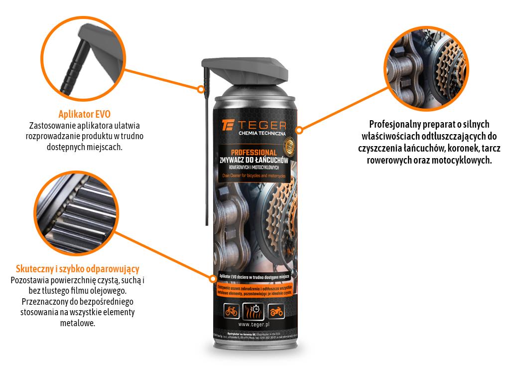 Zmywacz do łańcuchów rowerowych i motocyklowych PROFESSIONAL z aplikatorem EVO, 500ml, Teger