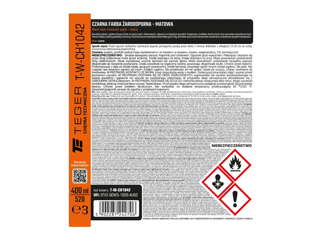 Czarna farba żaroodporna - matowa, 400ml, Teger