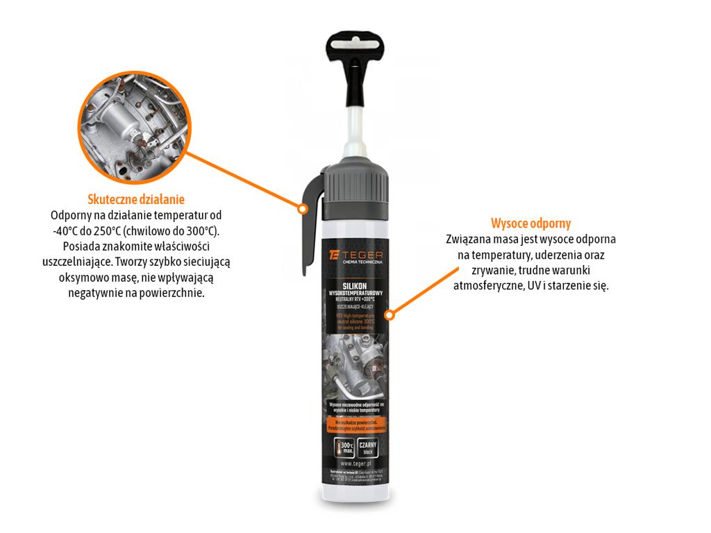 Silikon wysokotemperaturowy neutralny, RTV +300°C, uszczelniająco-klejący, czarny, 200 ml, Teger