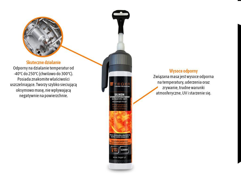 Silikon wysokotemperaturowy neutralny, RTV +300°C, uszczelniająco-klejący, czarny, 200 ml, Teger