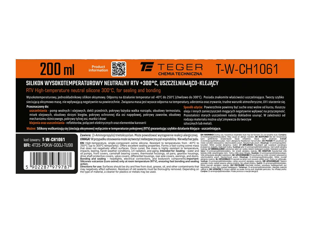 Silikon wysokotemperaturowy neutralny, RTV +300°C, uszczelniająco-klejący, czarny, 200 ml, Teger