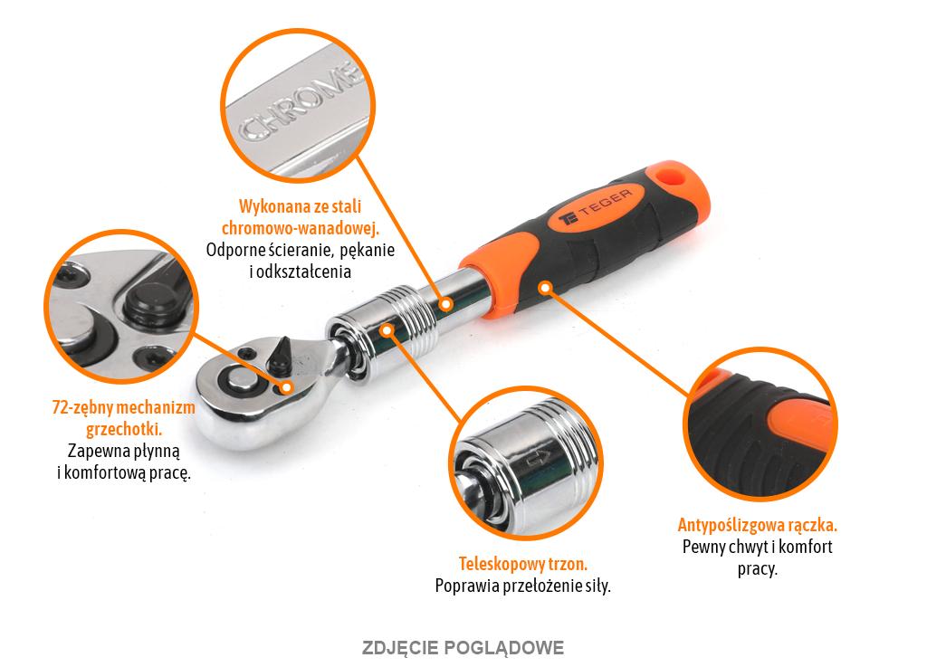 Grzechotka teleskopowa 1/4" 72T, CR-V, Teger