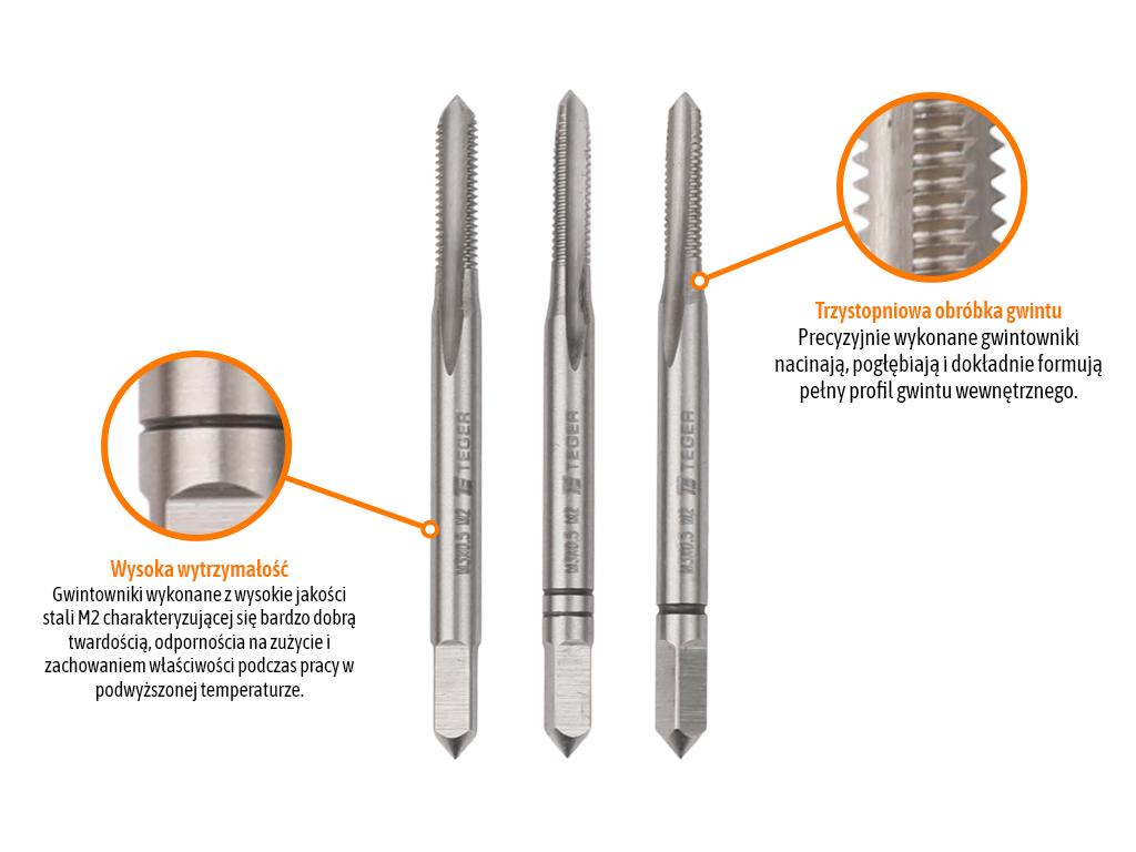 Komplet gwintowników ręcznych PROFESSIONAL, M3x0,50 (3 szt), (zdzierający, pośredni, wykańczający), stal M2, Teger