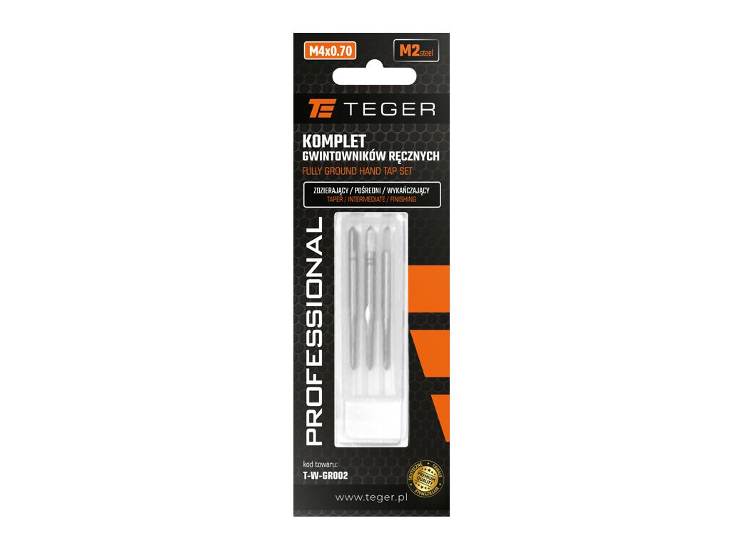 Komplet gwintowników ręcznych PROFESSIONAL, M4x0,70 (3 szt), (zdzierający, pośredni, wykańczający), stal M2, Teger