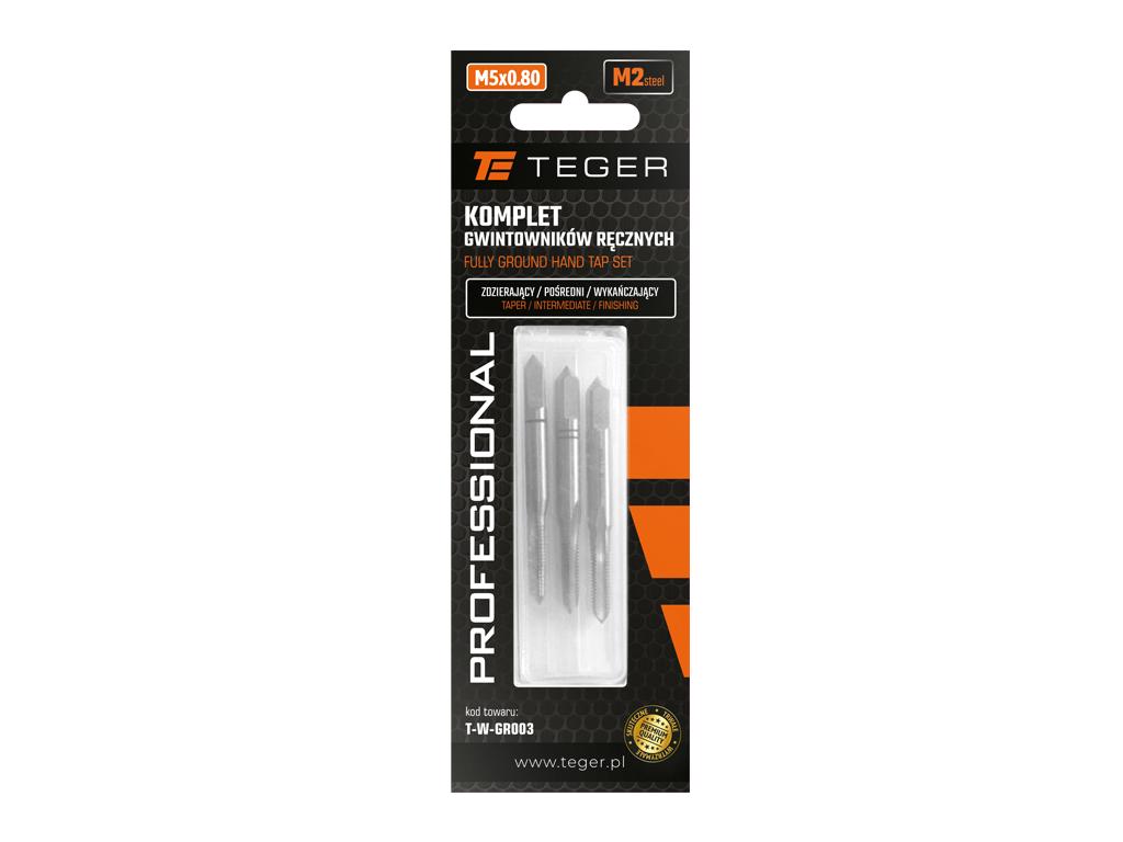 Komplet gwintowników ręcznych PROFESSIONAL, M5x0,80 (3 szt), (zdzierający, pośredni, wykańczający), stal M2, Teger