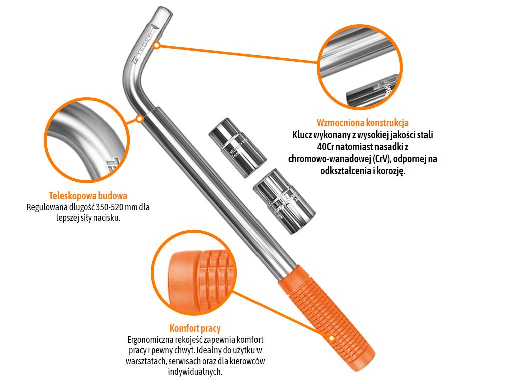 Klucz do kół teleskopowy, 1/2" (17/19/21/23mm), Teger