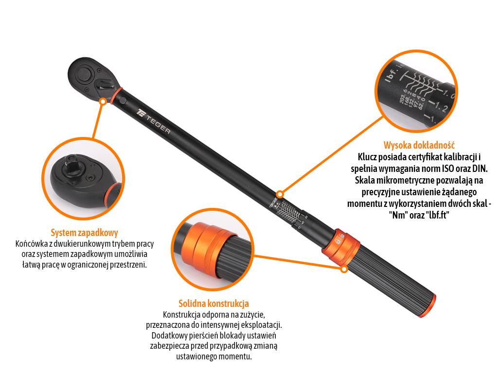 Klucz dynamometryczny, 1/2" 40-220Nm 72T / 500mm, Teger