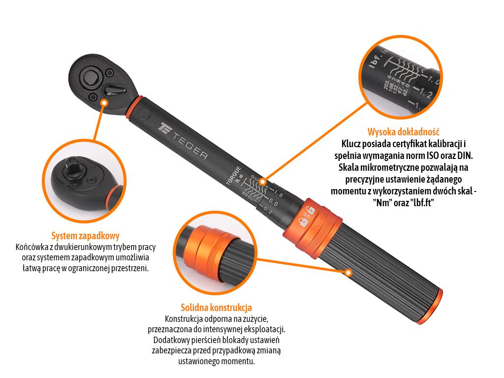 Klucz dynamometryczny, 1/4" 5-25Nm 72T / 240mm, Teger