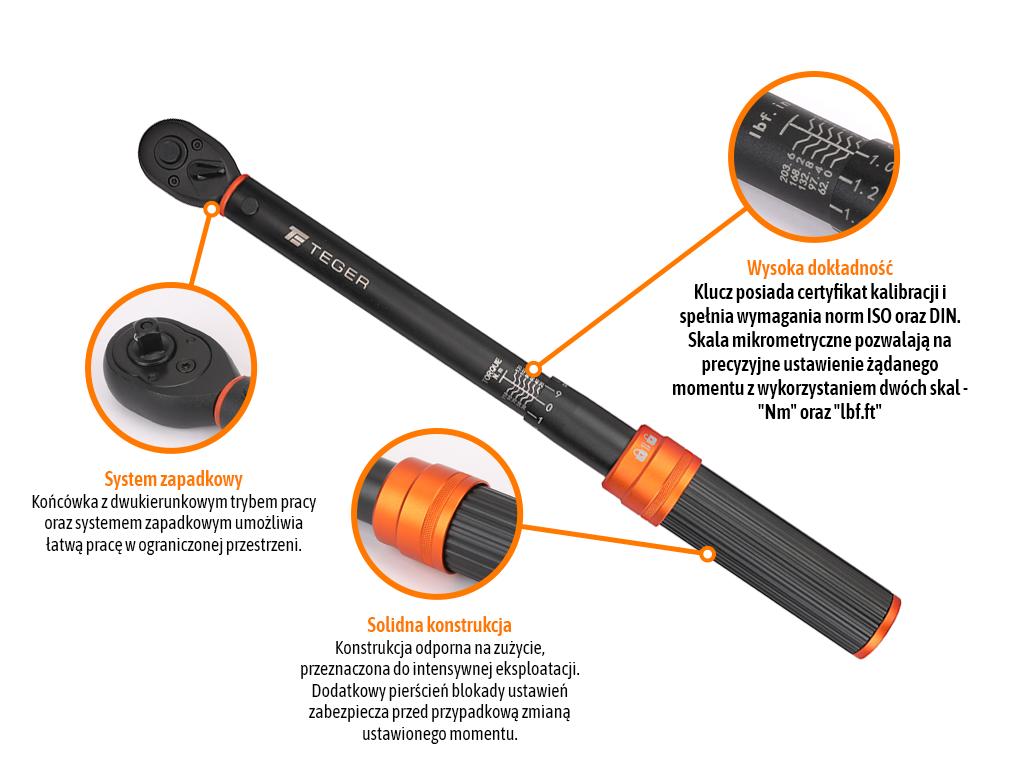 Klucz dynamometryczny, 3/8" 20-120Nm 72T / 410mm, Teger
