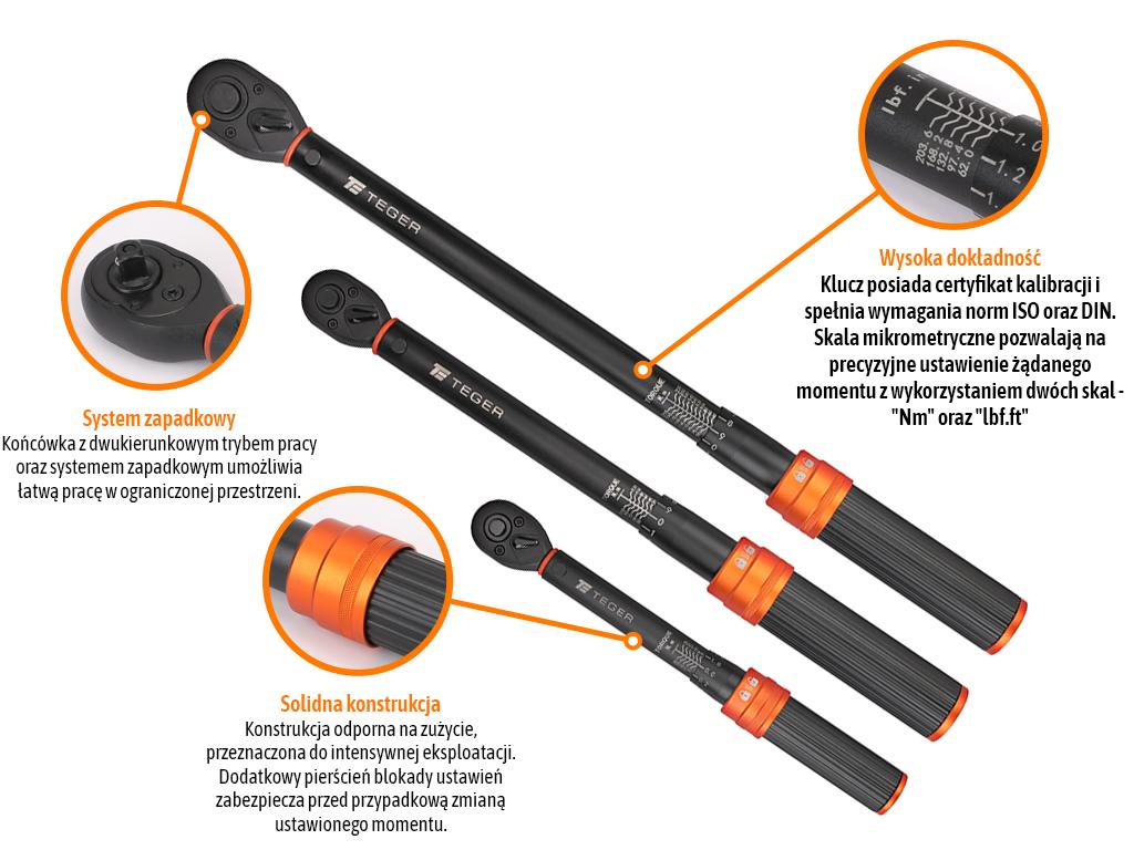 Zestaw kluczy dynamometrycznych, 1/2", 1/4",3/8" 72T  (3 szt), Teger