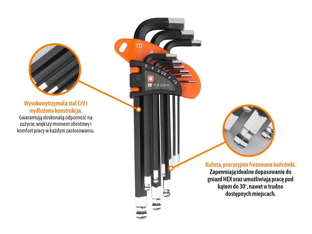 Zestaw kluczy imbusowych, HEX 1,5-10 mm- DŁUGIE 9szt, Teger