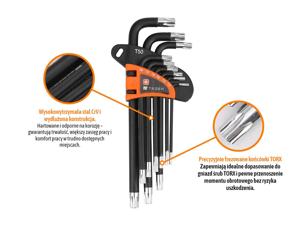 Zestaw kluczy imbusowych, TORX T10-T50 - DŁUGIE 9szt, Teger