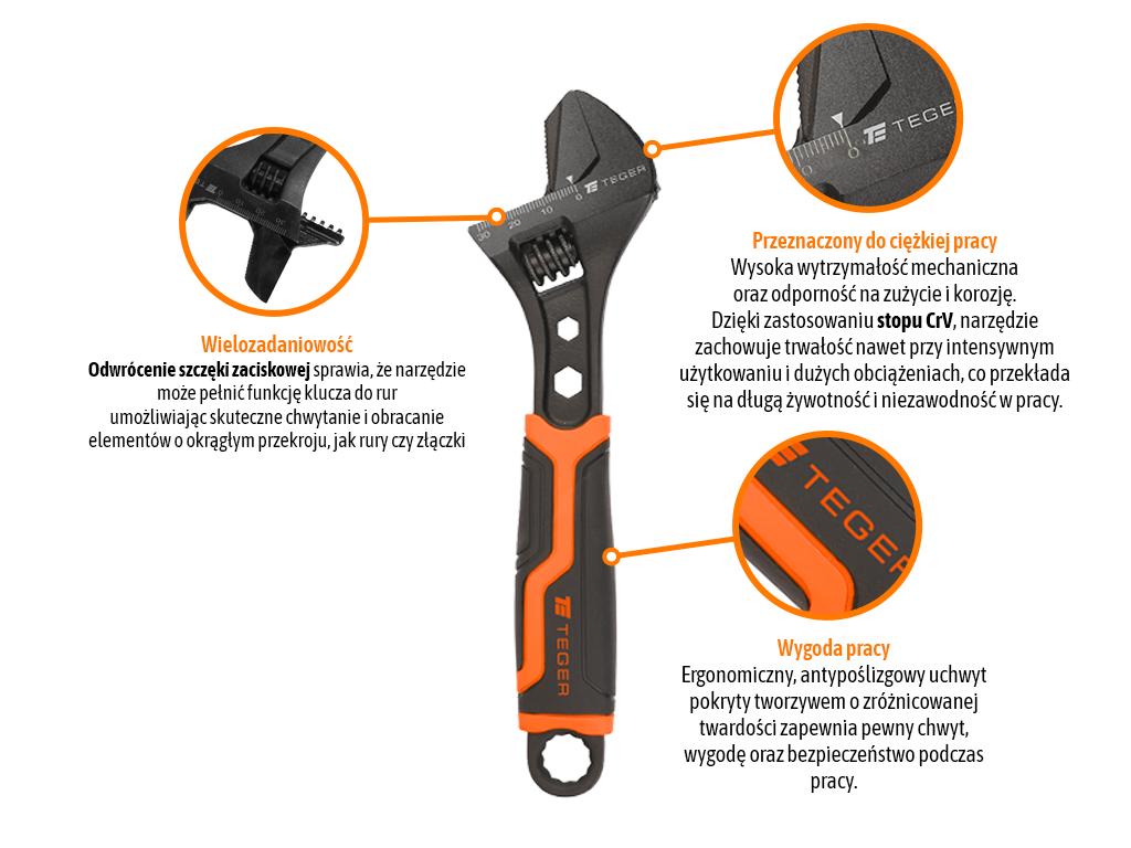 Klucz nastawny, 2-funkcyjny 8" 200 mm, Teger