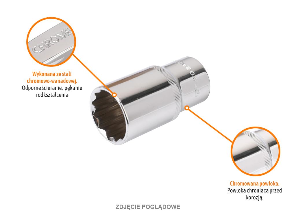 Klucz nasadowy 1/2" sześciokątny długi 32 mm, CR-V, Teger