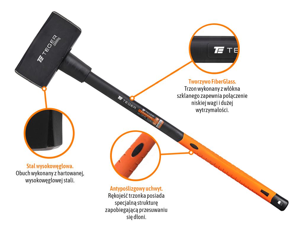 Młotek, młot kamieniarski, wyburzeniowy, dwukierunkowy z trzonkiem fiberglass, 10000 g, Teger