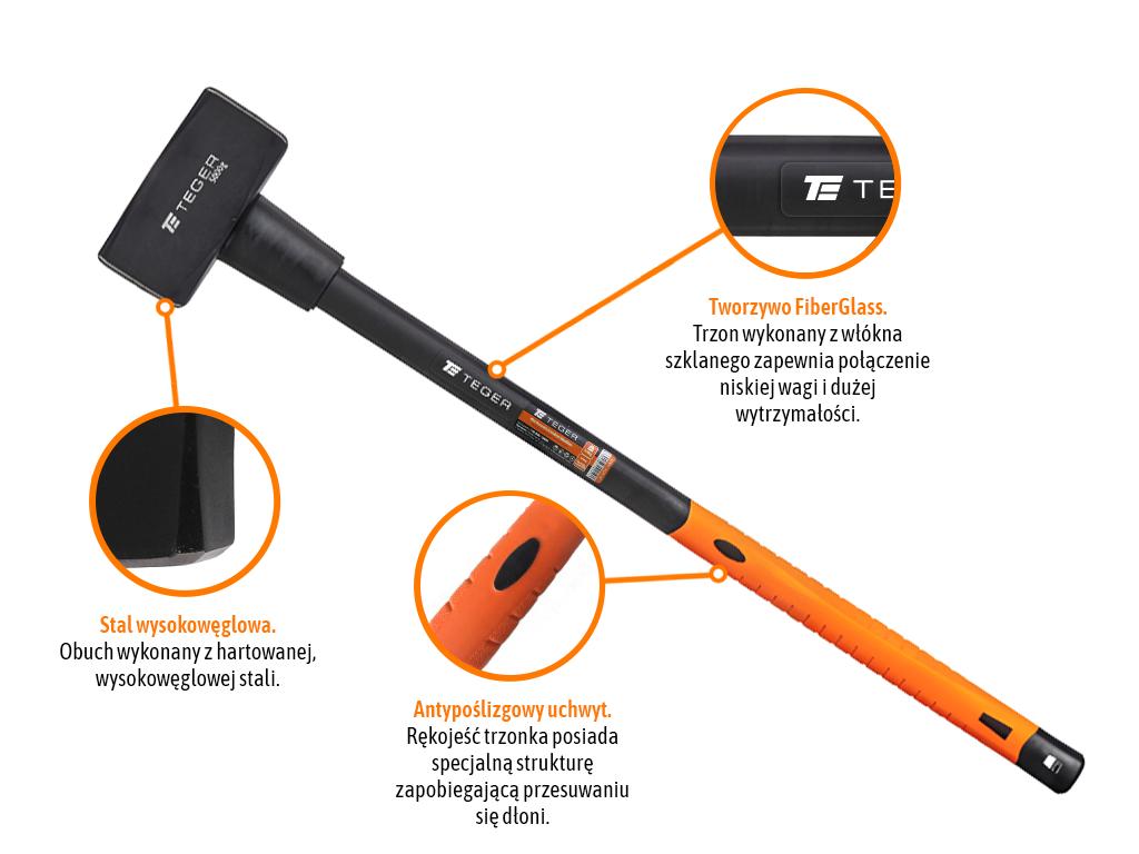Młotek, młot kamieniarski, wyburzeniowy, dwukierunkowy z trzonkiem fiberglass, 5000 g, Teger