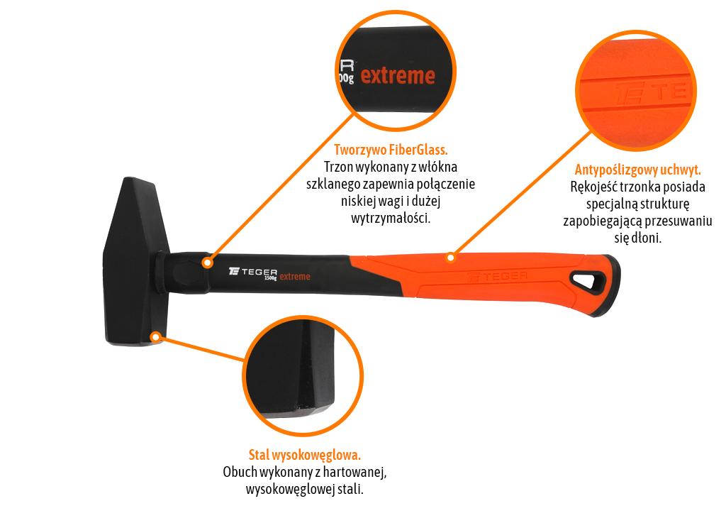 Młotek ślusarski z trzonkiem fiberglass 1500 g Extreme / TEGER