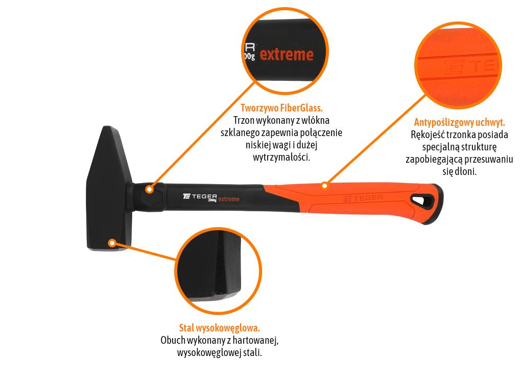 Młotek ślusarski z trzonkiem fiberglass 2000 g Extreme / TEGER