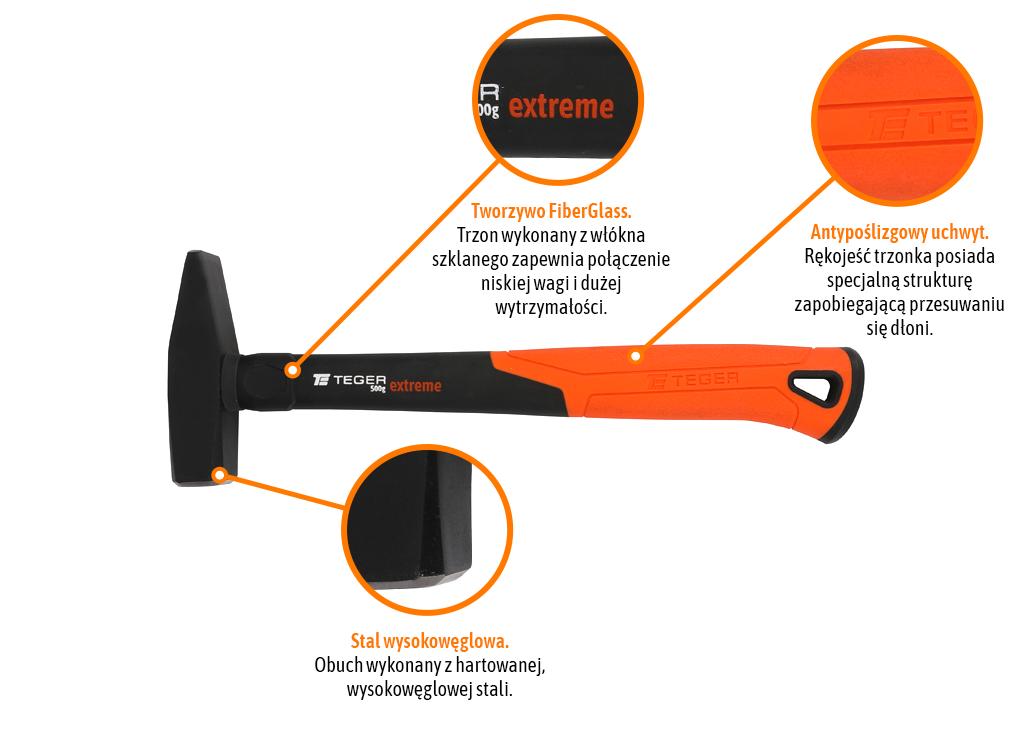 Młotek ślusarski z trzonkiem fiberglass 500 g Extreme / TEGER
