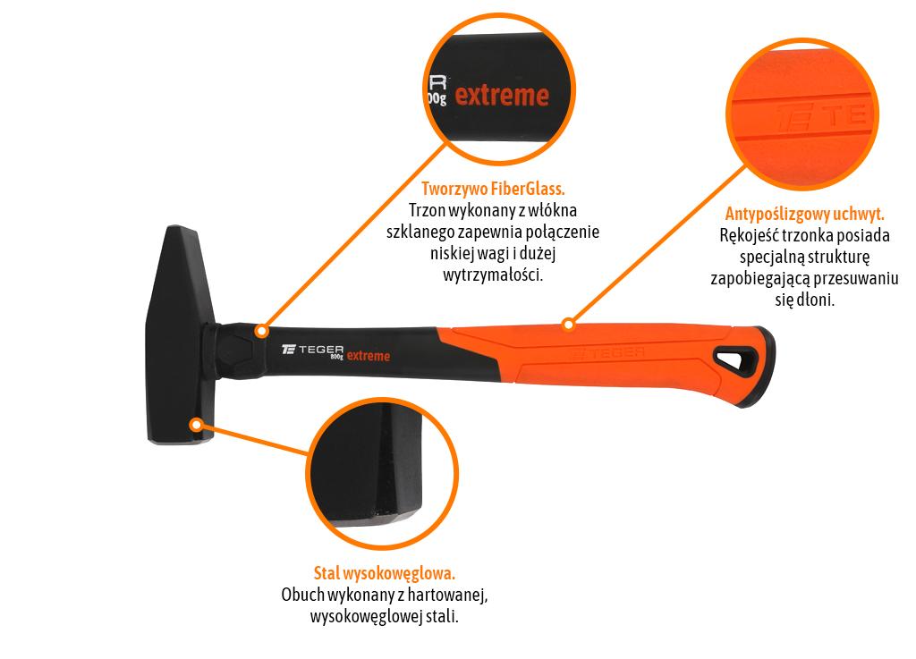Młotek ślusarski z trzonkiem fiberglass 800 g Extreme / TEGER