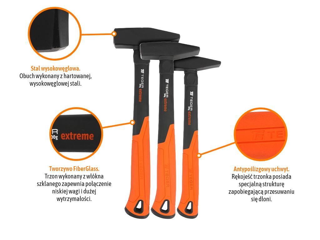 Zestaw młotków ślusarskich z trzonkiem fiberglass, (3 el.) 300 500 800 g Extreme, Teger