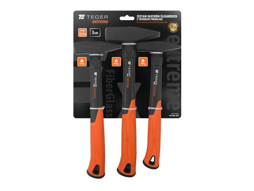 Zestaw młotków ślusarskich z trzonkiem fiberglass, (3 el.) 300 500 800 g Extreme, Teger