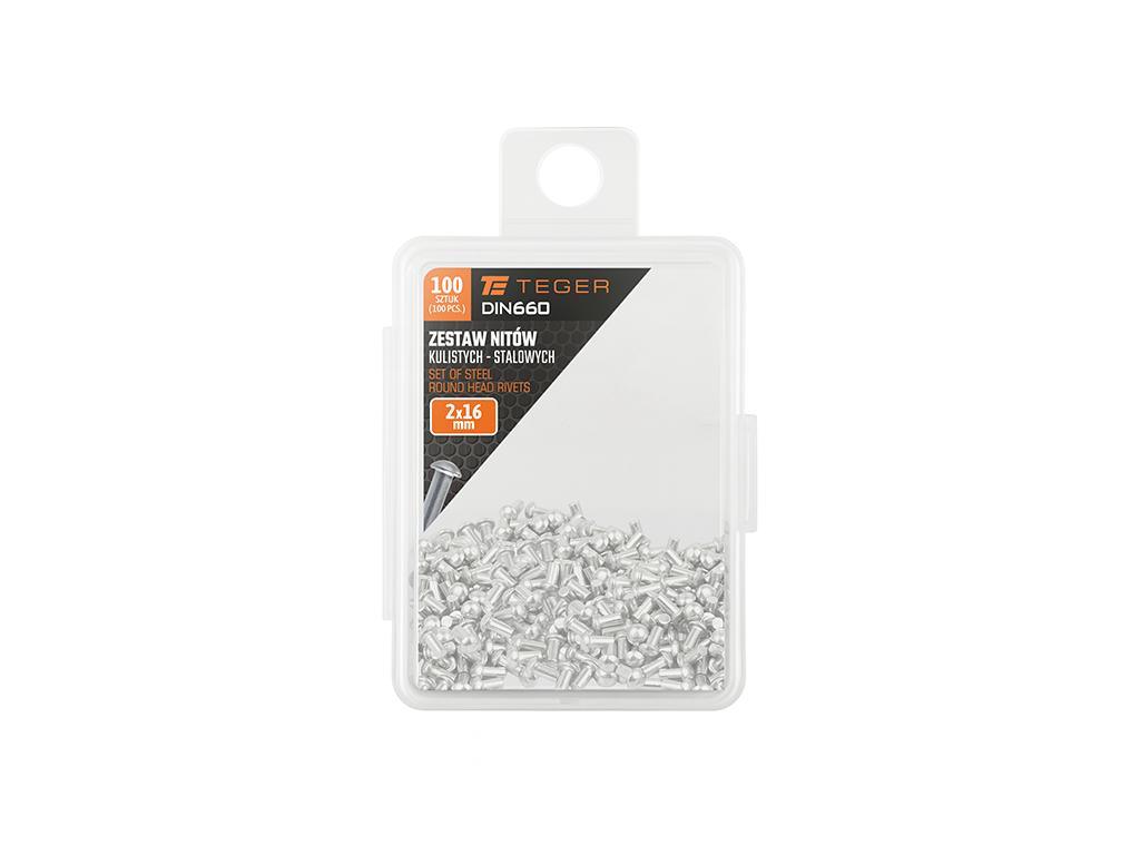 Zestaw nitów stalowych, kulistych, (2x16mm), DIN660, (100 szt.), Teger