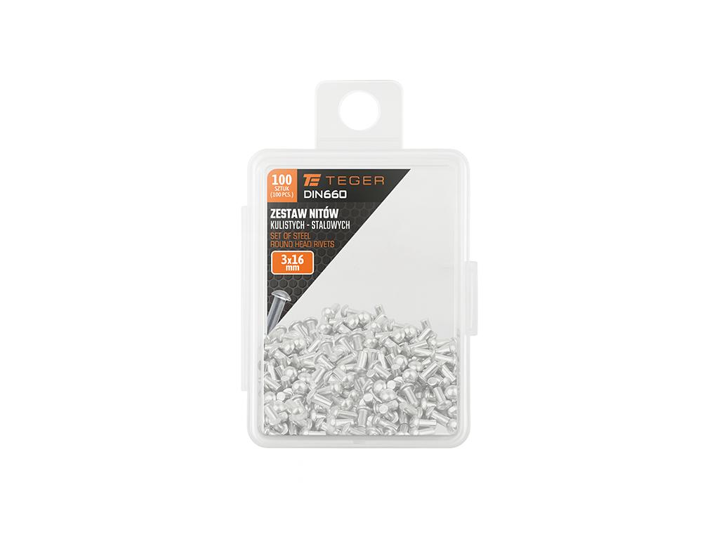 Zestaw nitów stalowych, kulistych, (3x16mm), DIN660, (100 szt.), Teger