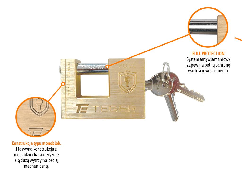 Kłódka antywłamaniowa - mosiężna / trzpieniowa 60mm - 3 klucze / TEGER