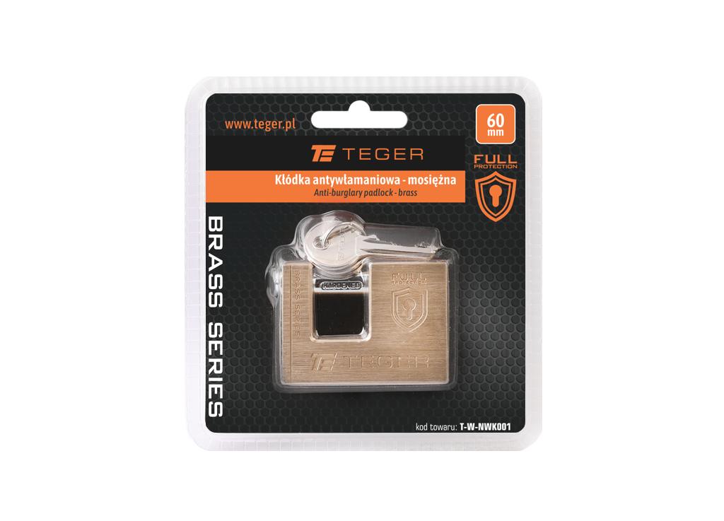 Kłódka antywłamaniowa - mosiężna / trzpieniowa 60mm - 3 klucze / TEGER