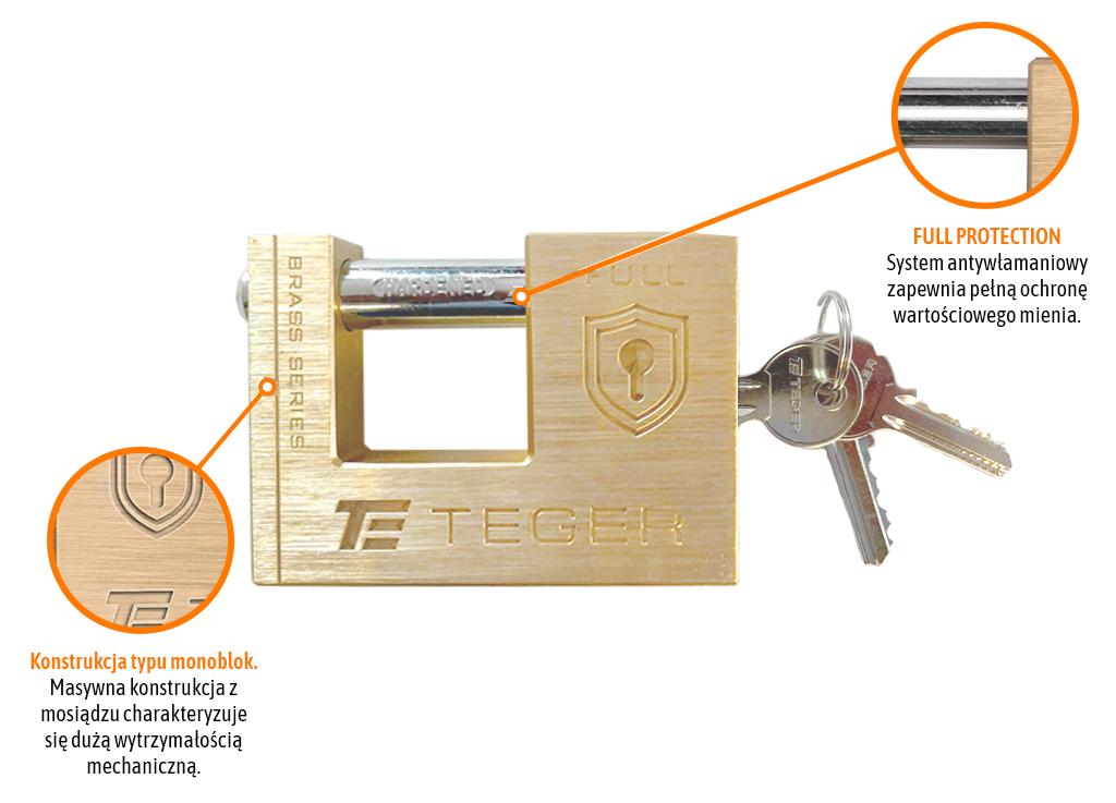 Kłódka antywłamaniowa - mosiężna / trzpieniowa 80mm - 3 klucze / TEGER