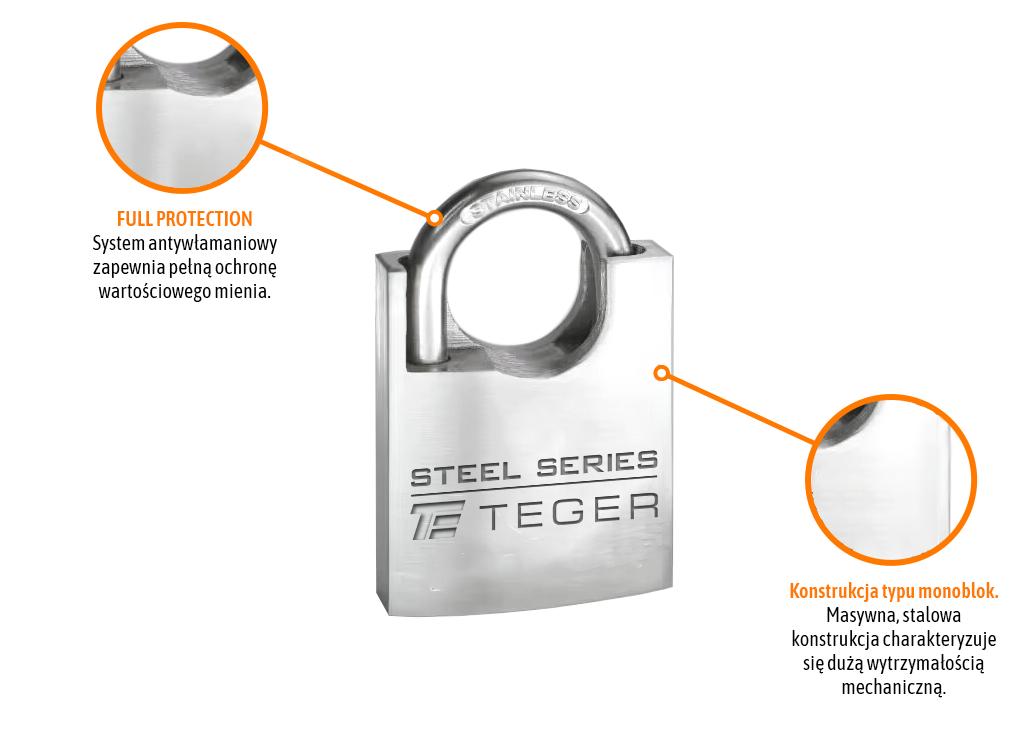 Kłódka antywłamaniowa - stalowa 50mm - 3 klucze / TEGER.