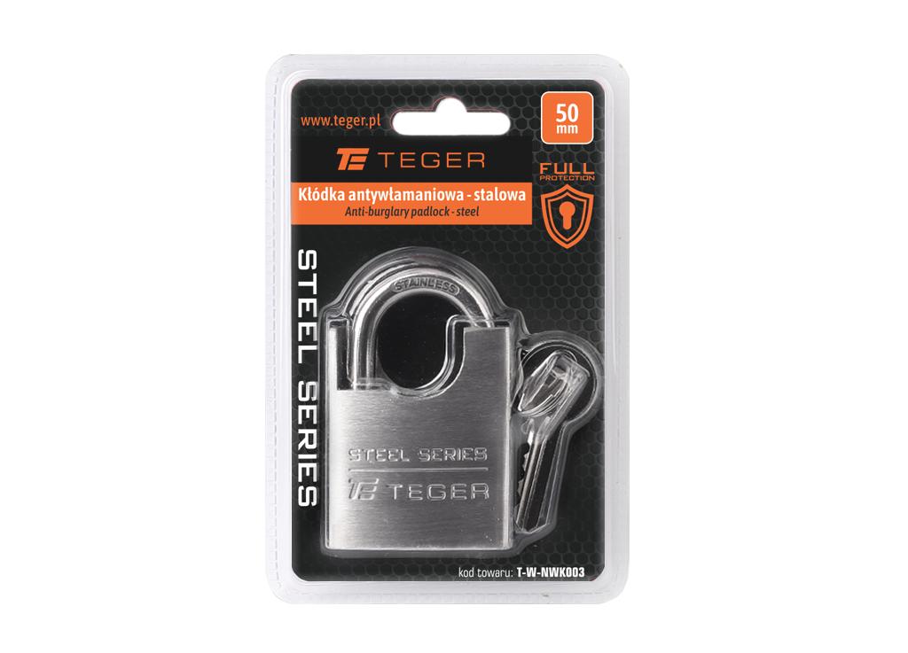 Kłódka antywłamaniowa - stalowa 50mm - 3 klucze / TEGER.