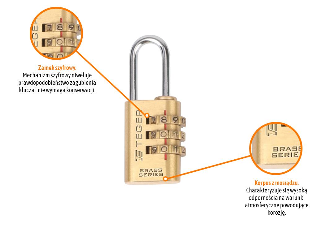 Kłódka mosiężna 20mm - zamek szyfrowy / TEGER